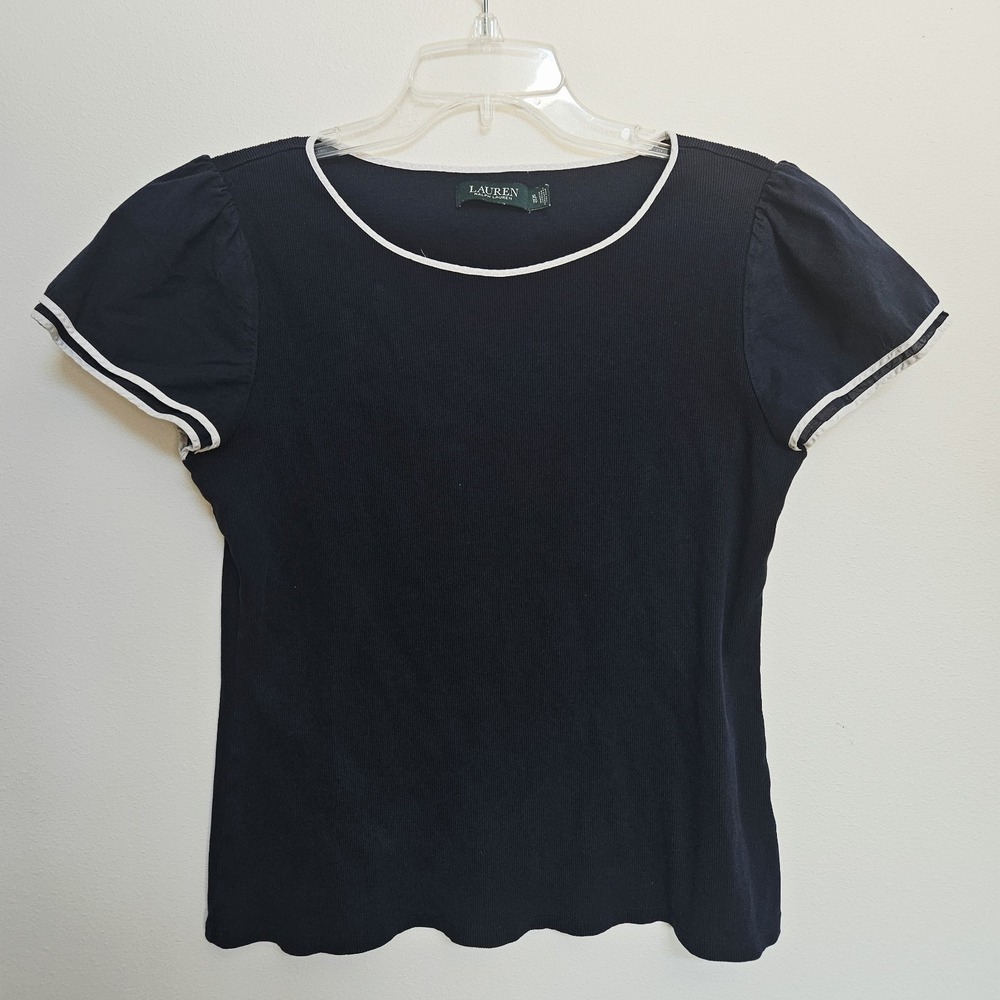 Lauren Ralph Lauren Navy Blue & White Trim And Flutter Sleeves Ribbed Blouse XL